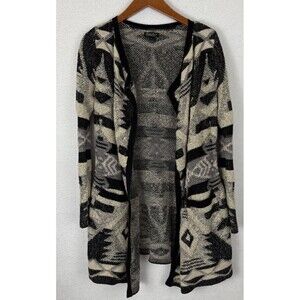 Lucky Brand Womens Sweater Open Front Waterfall Cardigan Long Pockets Black Tan